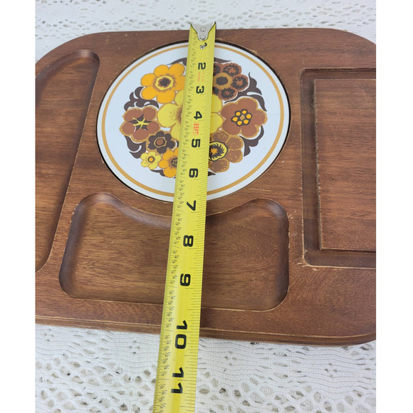 Vintage MCM Mid Century Floral Tile Wood Cheese Charcuterie Board Glass Dome - Picture 7 of 10